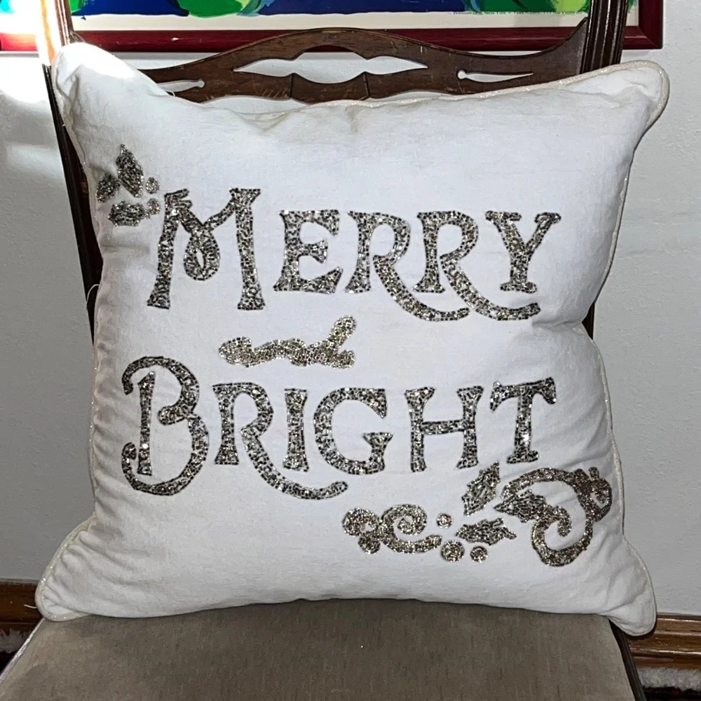 Merry and Bright Beaded White Velvet Pillow Down Fill, Dash Away Home 20 x 20